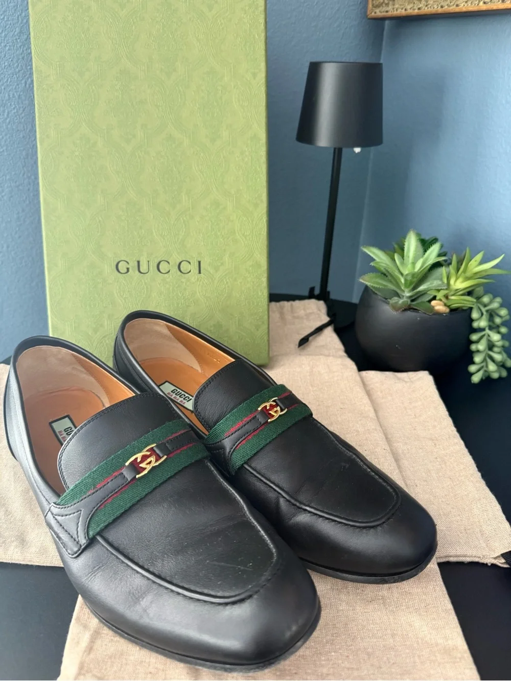 Gucci Black Leather Loafers with Green-Red Web and Gold Hardware
